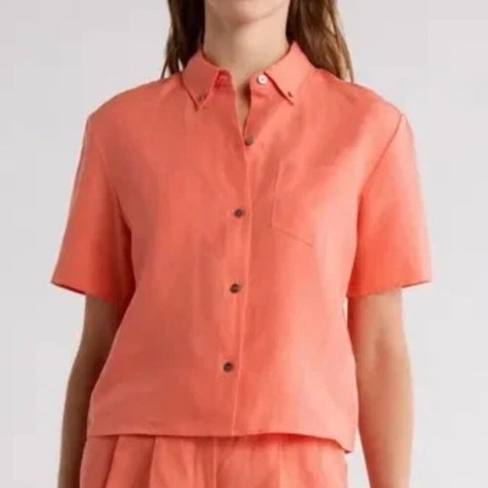 Theory Bright Coral Boxy Linen Button Down Short Sleeve Shirt Small - Picture 2 of 8
